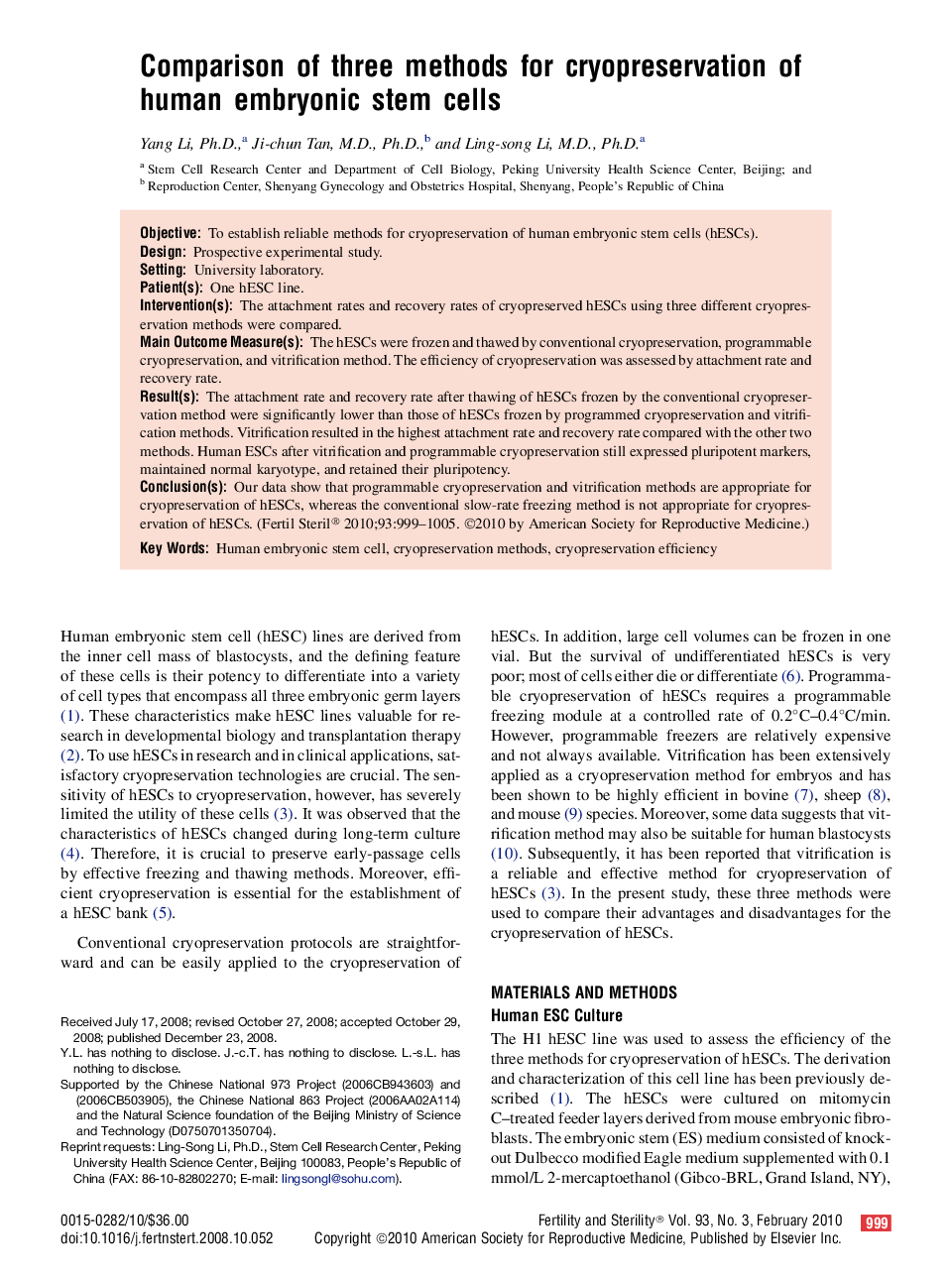 Comparison of three methods for cryopreservation of human embryonic stem cells 