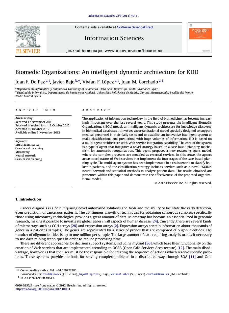 Biomedic Organizations: An intelligent dynamic architecture for KDD