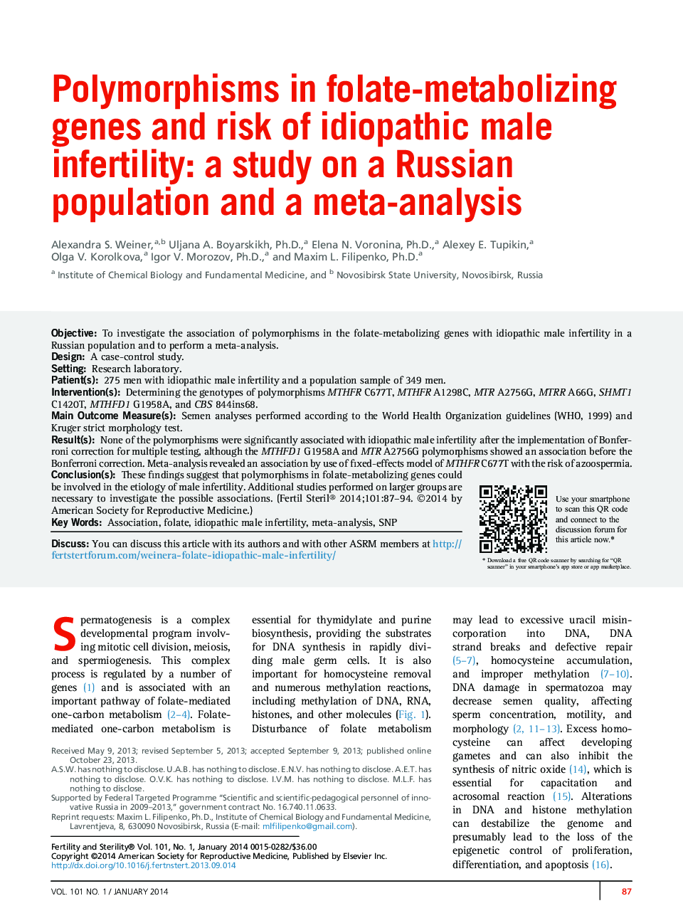 Polymorphisms in folate-metabolizing genes and risk of idiopathic male infertility: a study on a Russian population and a meta-analysis