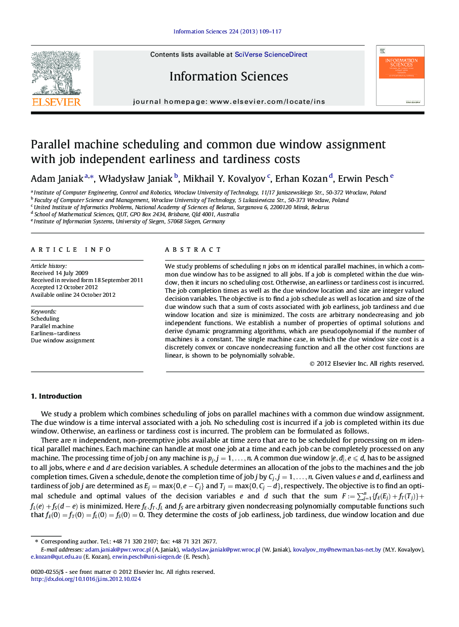 Parallel machine scheduling and common due window assignment with job independent earliness and tardiness costs