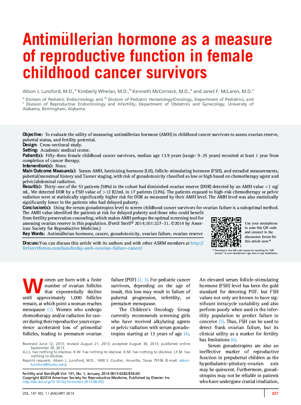 Antimüllerian hormone as a measure of reproductive function in female childhood cancer survivors 