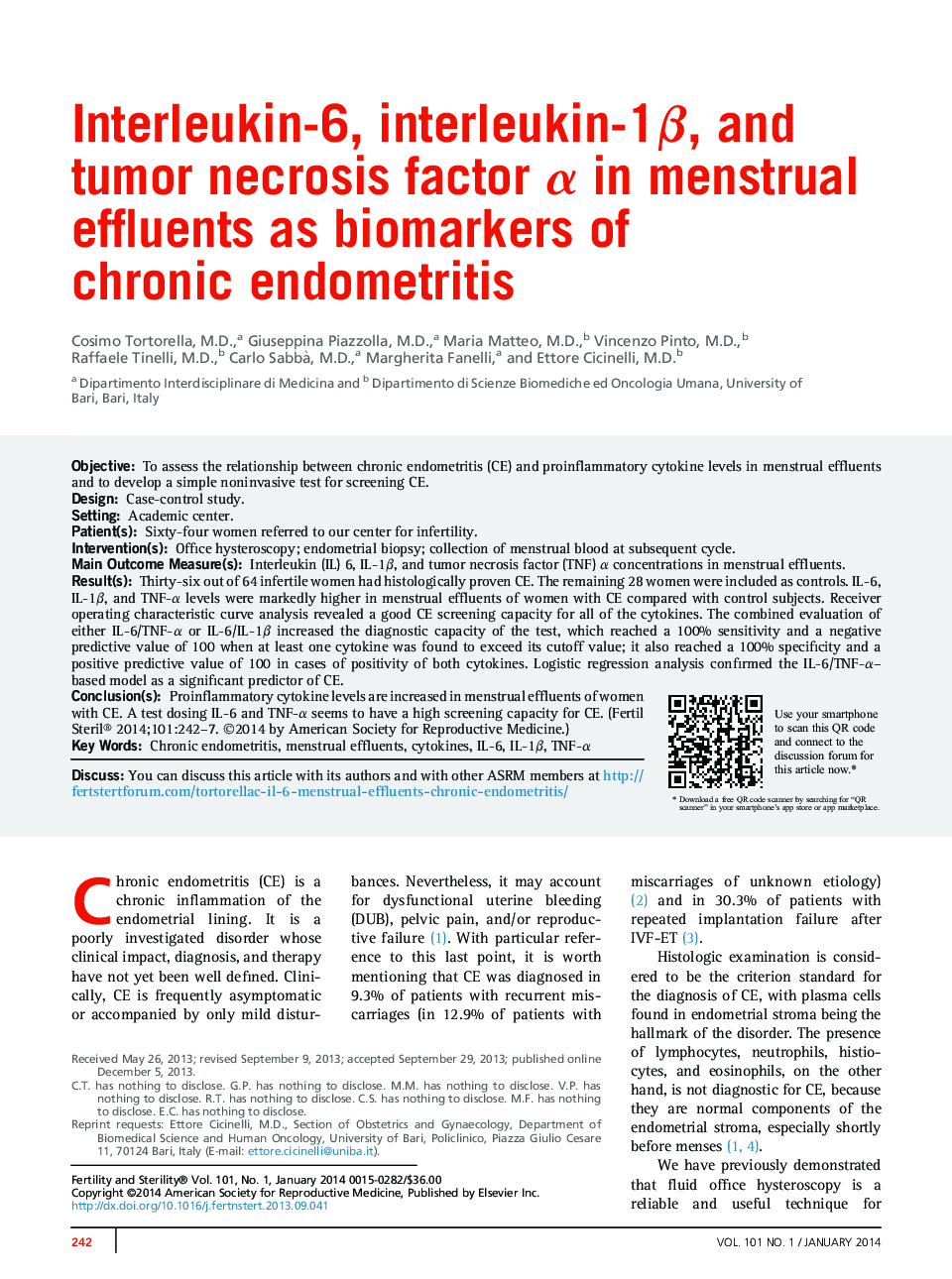 Interleukin-6, interleukin-1β, and tumor necrosis factor α in menstrual effluents as biomarkers of chronic endometritis 