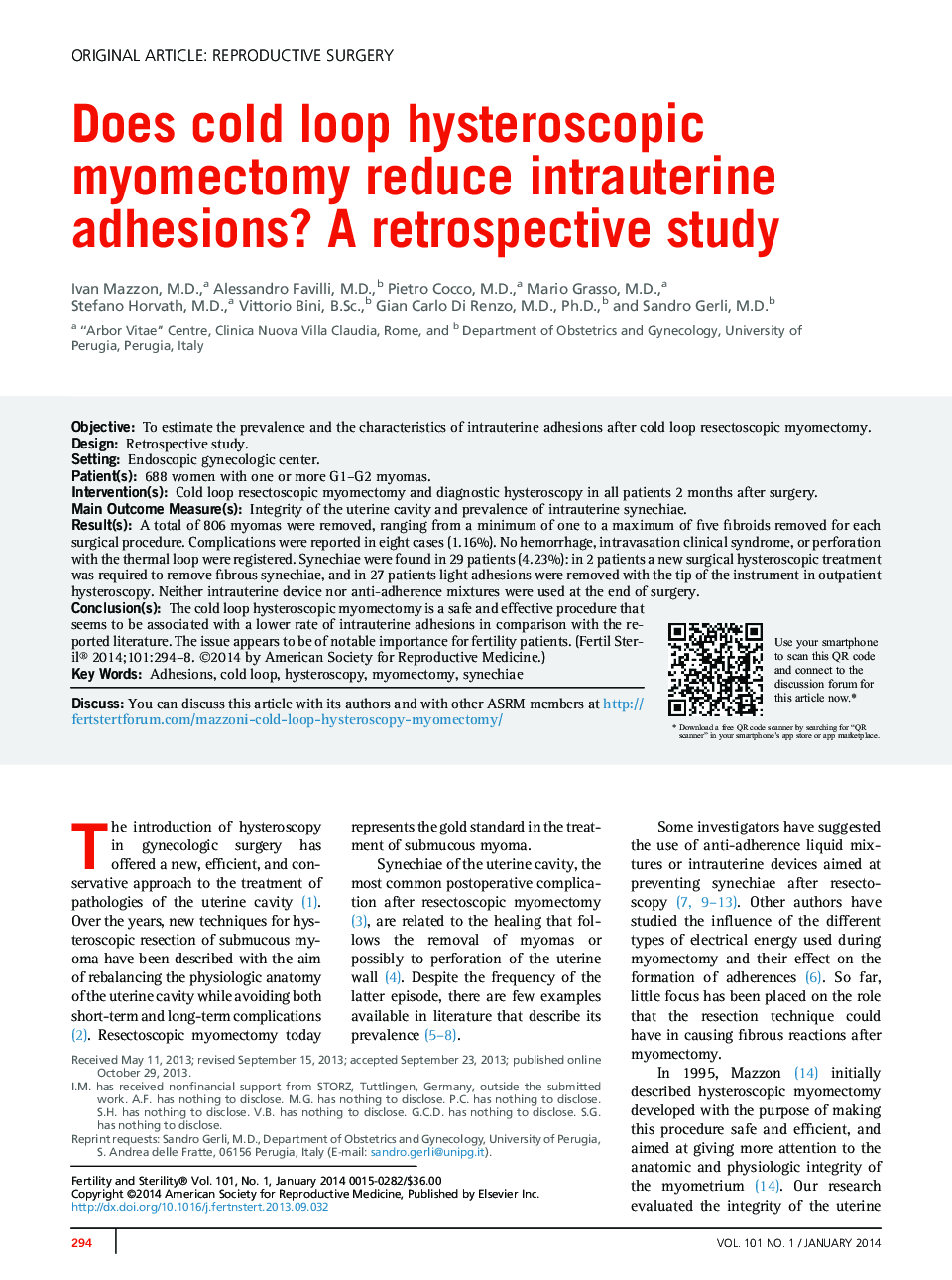 Does cold loop hysteroscopic myomectomy reduce intrauterine adhesions? A retrospective study