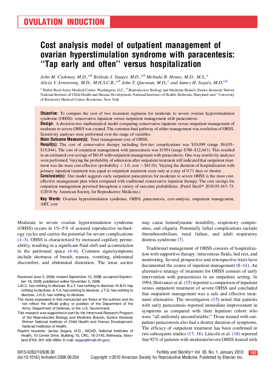 Cost analysis model of outpatient management of ovarian hyperstimulation syndrome with paracentesis: “Tap early and often” versus hospitalization 