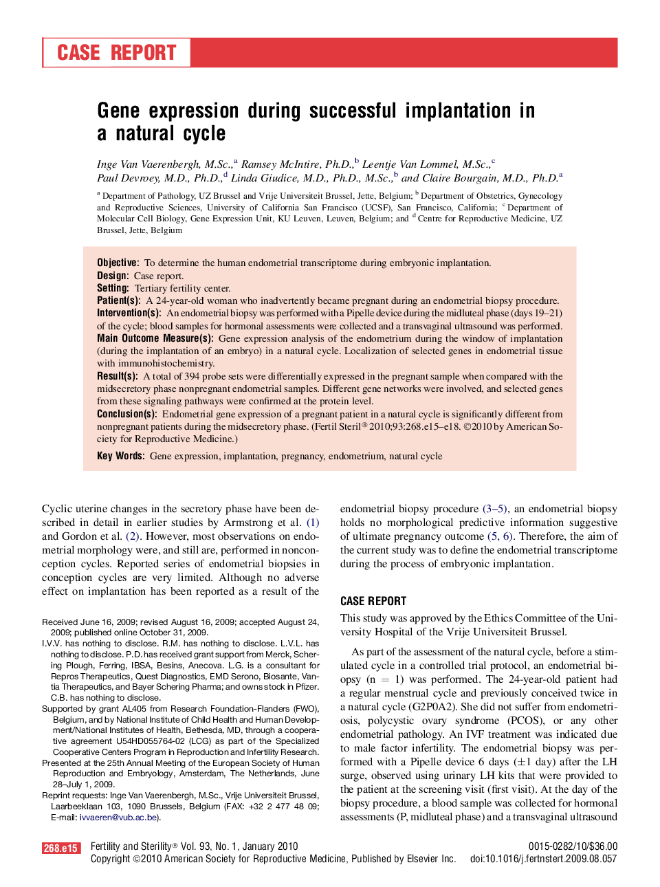 Gene expression during successful implantation in a natural cycle