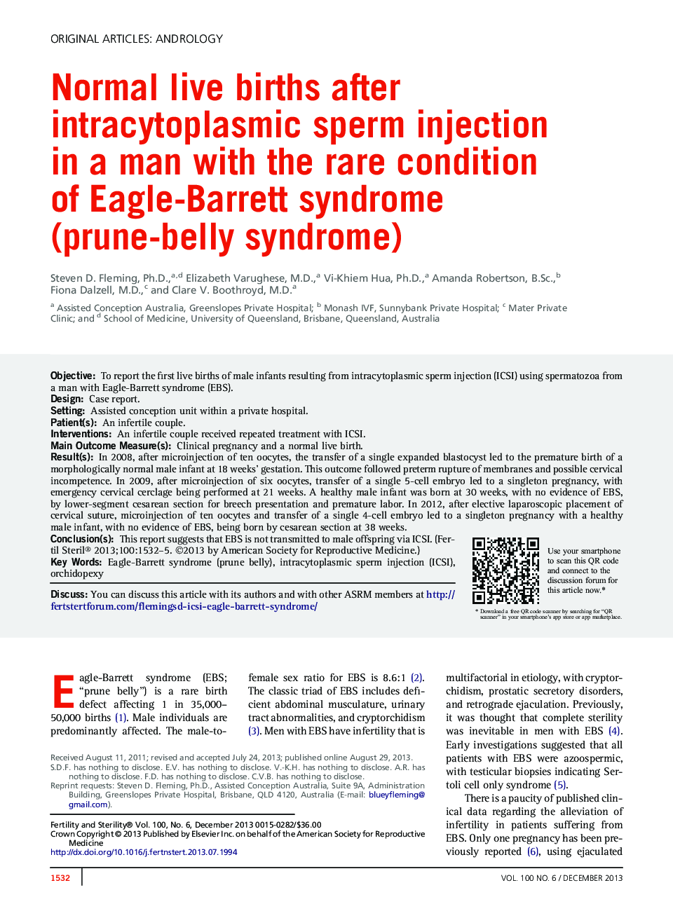 Normal live births after intracytoplasmic sperm injection in a man with the rare condition of Eagle-Barrett syndrome (prune-belly syndrome) 