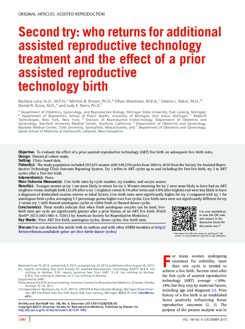Second try: who returns for additional assisted reproductive technology treatment and the effect of a prior assisted reproductive technology birth 