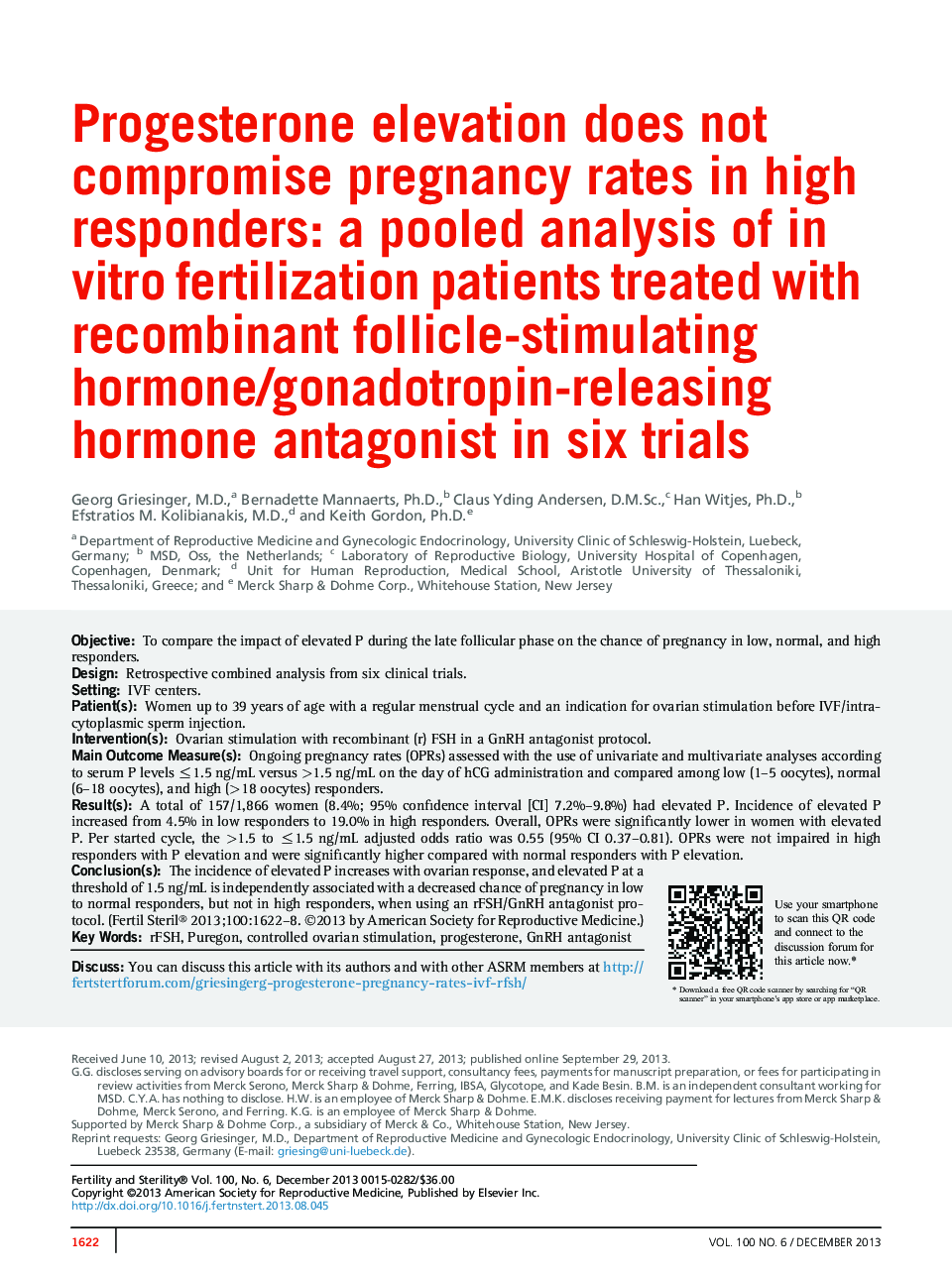 Progesterone elevation does not compromise pregnancy rates in high responders: a pooled analysis of in vitro fertilization patients treated with recombinant follicle-stimulating hormone/gonadotropin-releasing hormone antagonist in six trials