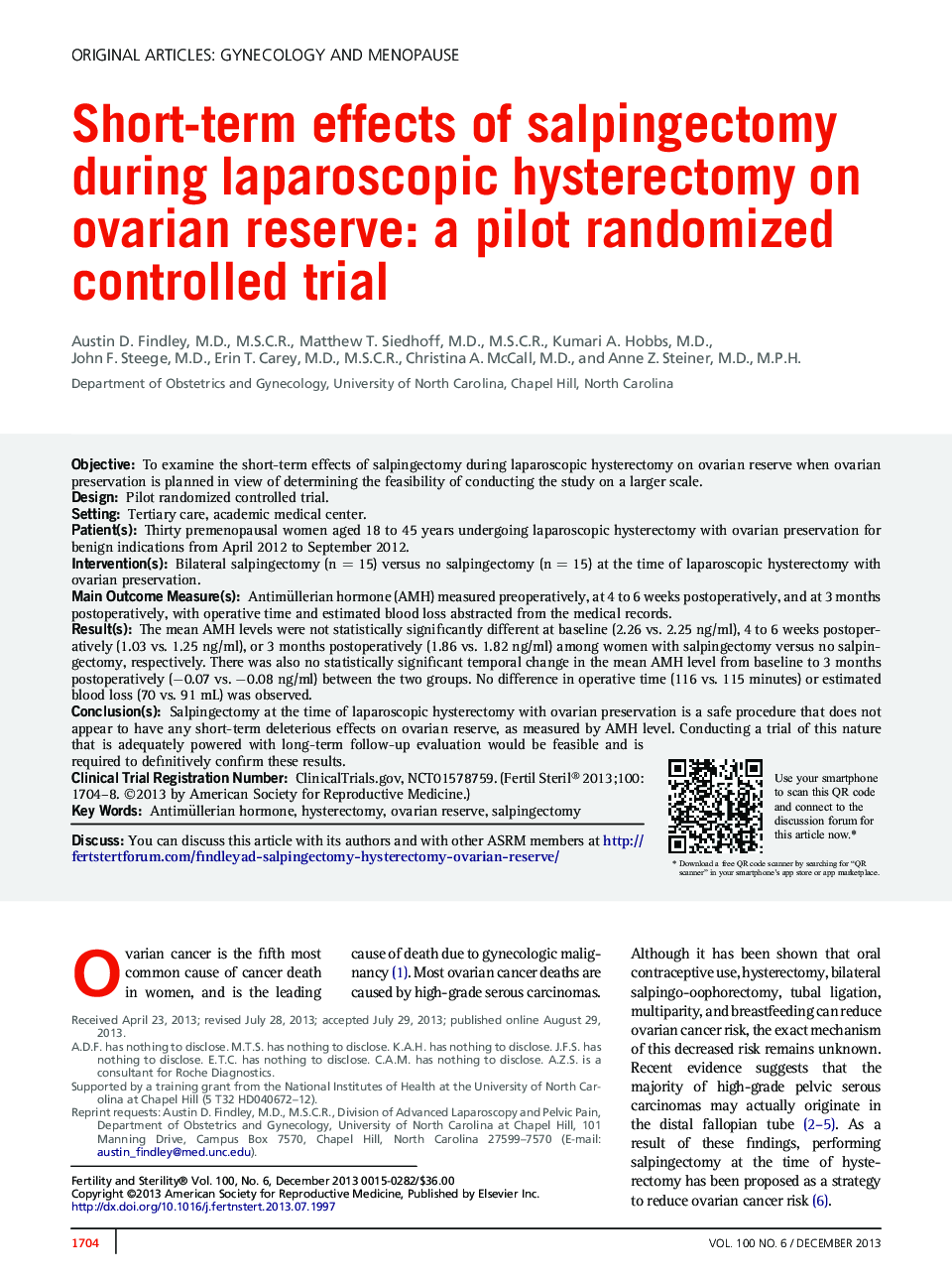 Short-term effects of salpingectomy during laparoscopic hysterectomy on ovarian reserve: a pilot randomized controlled trial 