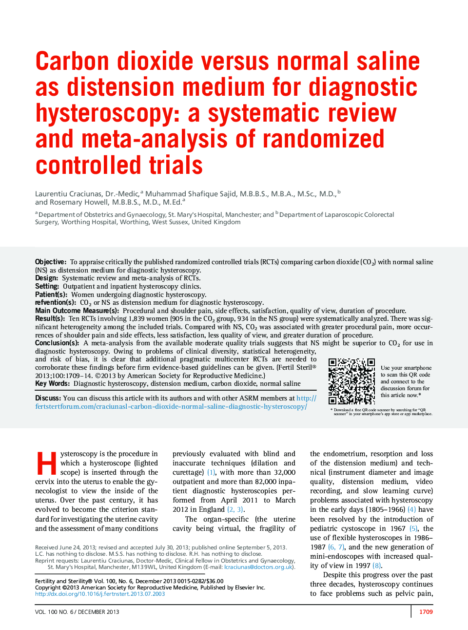 Carbon dioxide versus normal saline as distension medium for diagnostic hysteroscopy: a systematic review and meta-analysis of randomized controlled trials