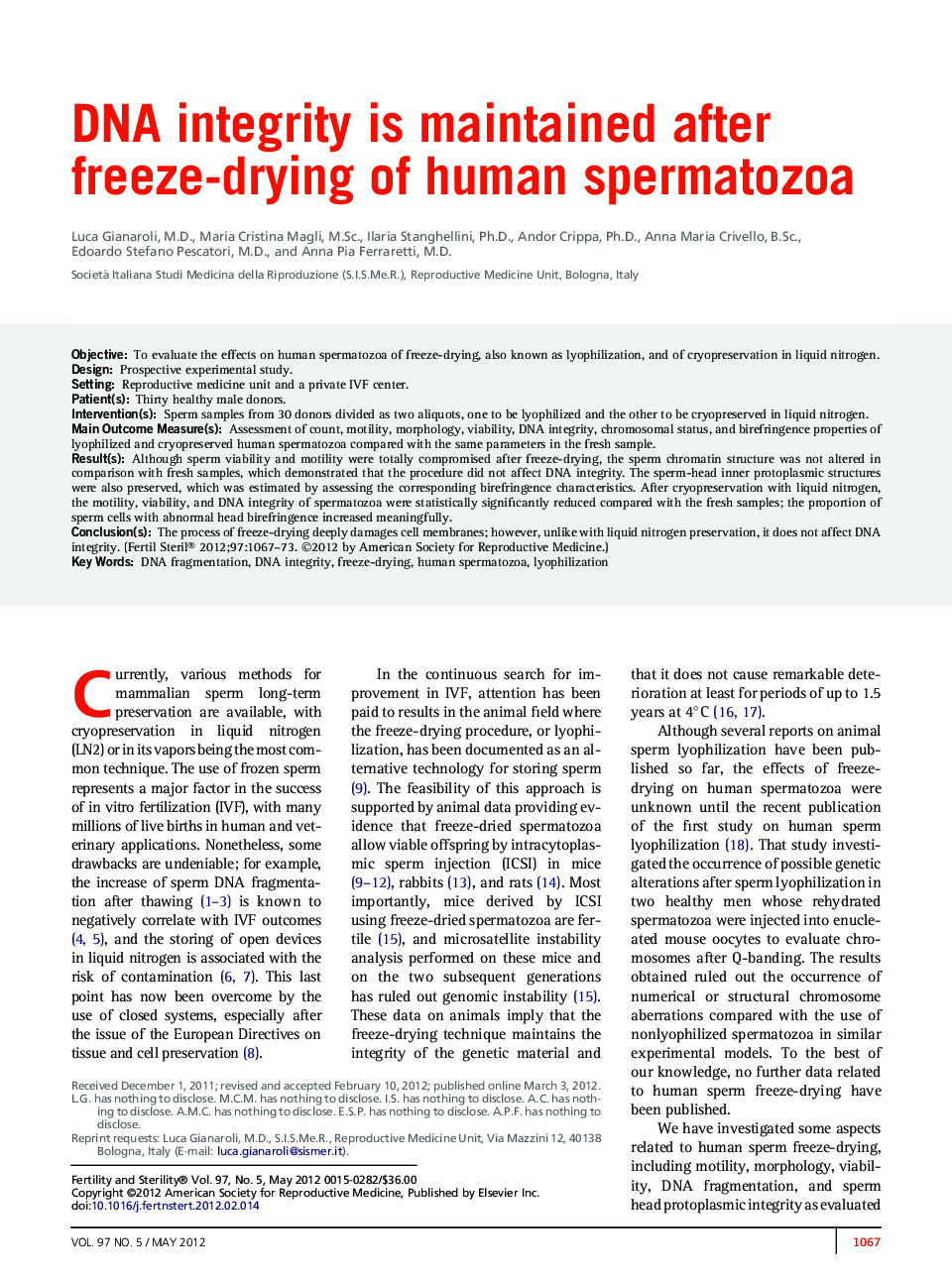 DNA integrity is maintained after freeze-drying of human spermatozoa
