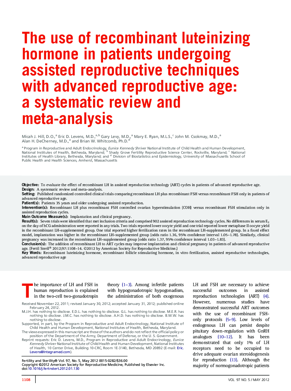 The use of recombinant luteinizing hormone in patients undergoing assisted reproductive techniques with advanced reproductive age: a systematic review and meta-analysis
