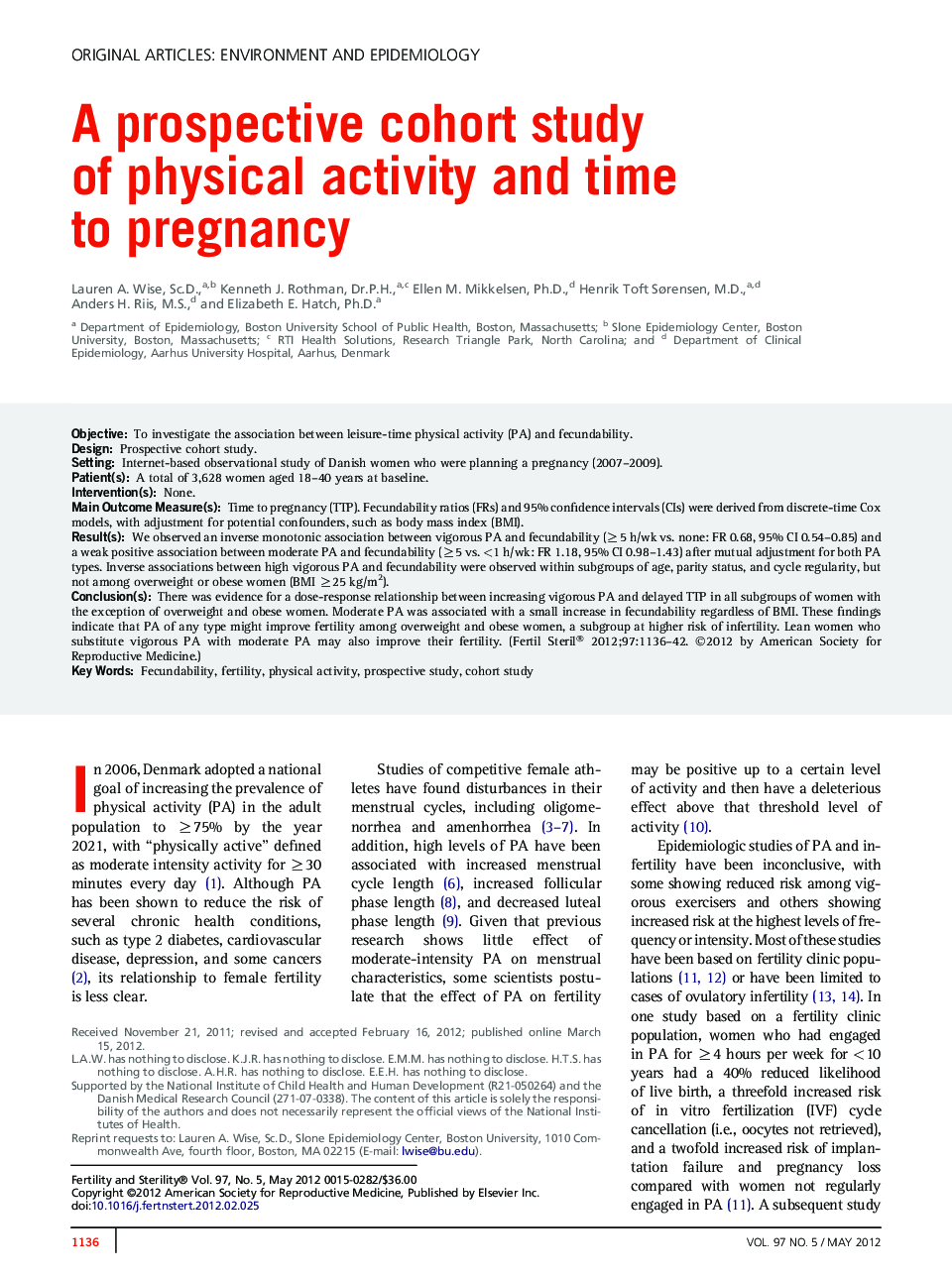 A prospective cohort study ofÂ physical activity and time toÂ pregnancy