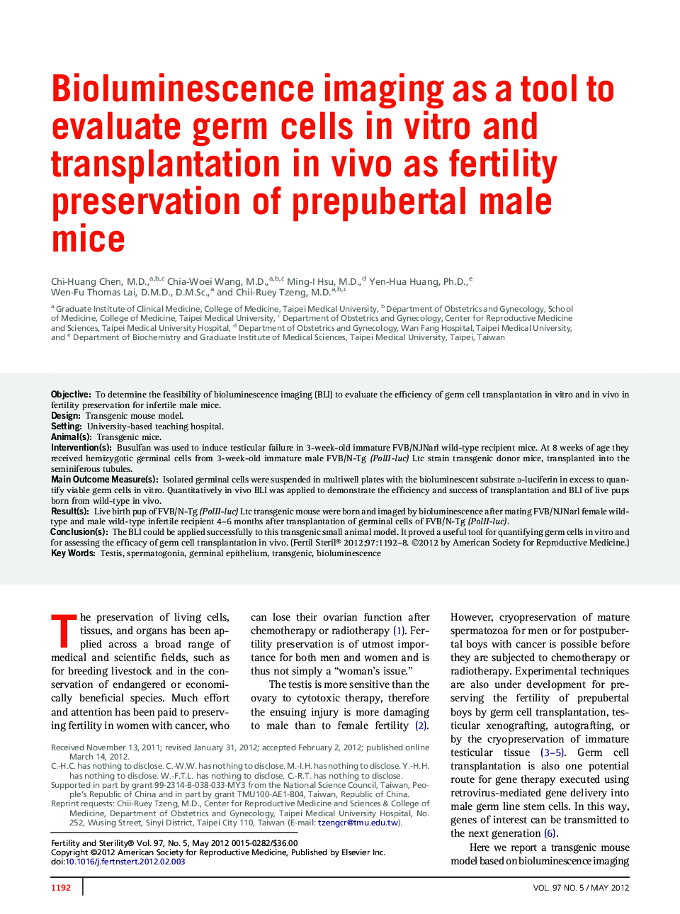 Bioluminescence imaging as a tool to evaluate germ cells in vitro and transplantation in vivo as fertility preservation of prepubertal male mice 