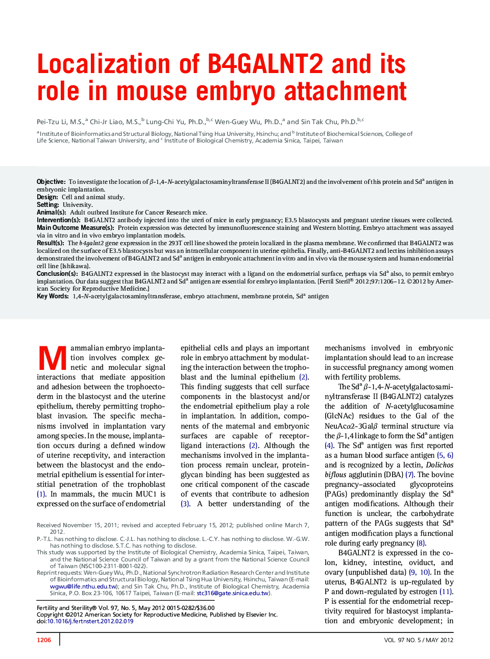 Localization of B4GALNT2 and its role in mouse embryo attachment