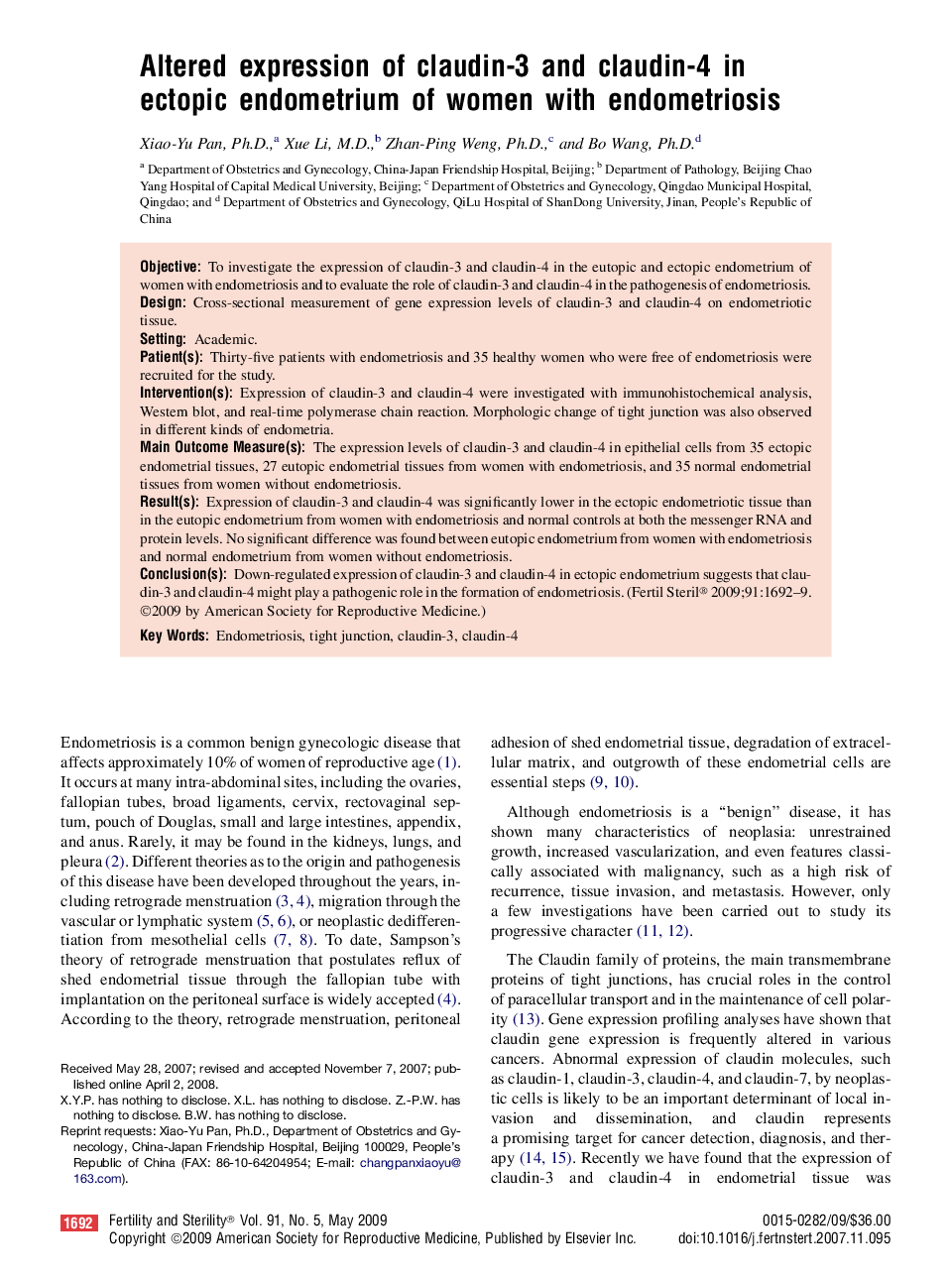 Altered expression of claudin-3 and claudin-4 in ectopic endometrium of women with endometriosis 