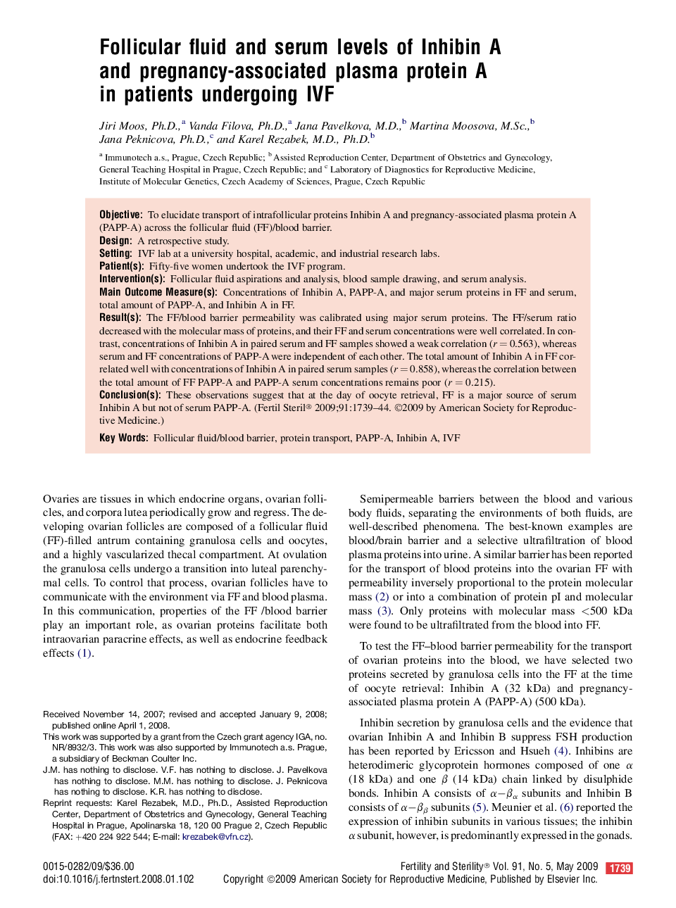 Follicular fluid and serum levels of Inhibin A and pregnancy-associated plasma protein A in patients undergoing IVF 