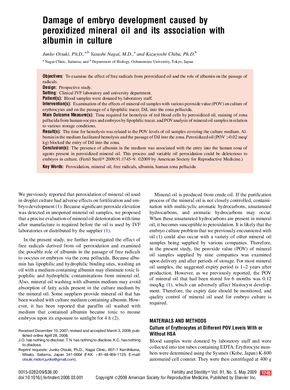 Damage of embryo development caused by peroxidized mineral oil and its association with albumin in culture 