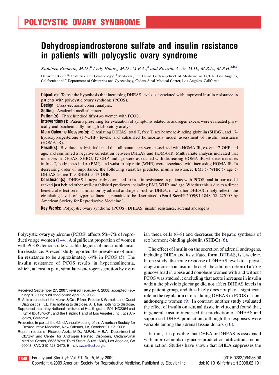 Dehydroepiandrosterone sulfate and insulin resistance in patients with polycystic ovary syndrome 