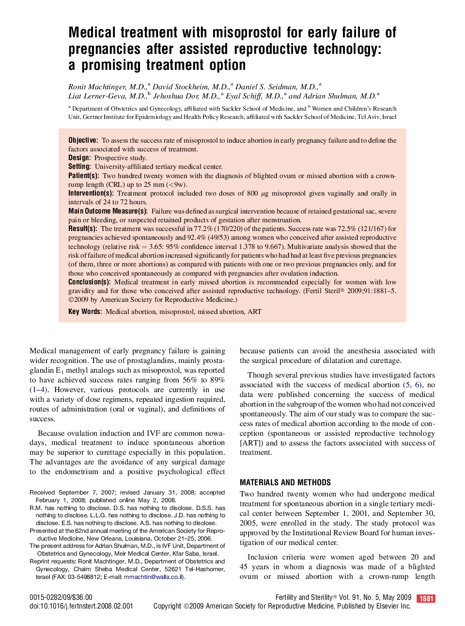 Medical treatment with misoprostol for early failure of pregnancies after assisted reproductive technology: a promising treatment option 