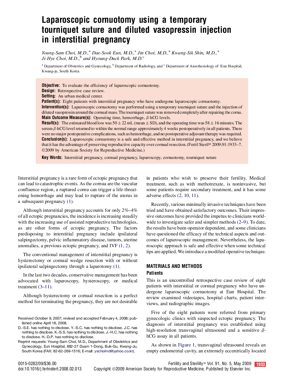 Laparoscopic cornuotomy using a temporary tourniquet suture and diluted vasopressin injection in interstitial pregnancy 