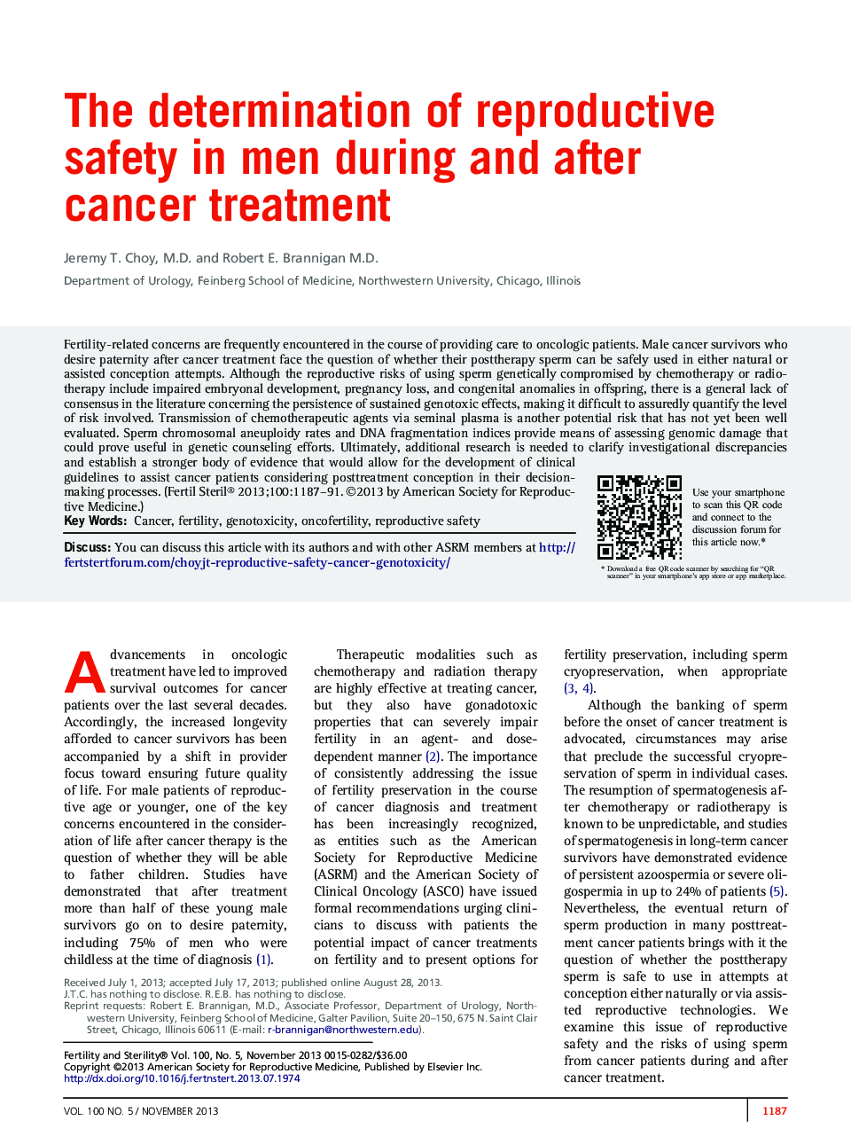 The determination of reproductive safety in men during and after cancer treatment 