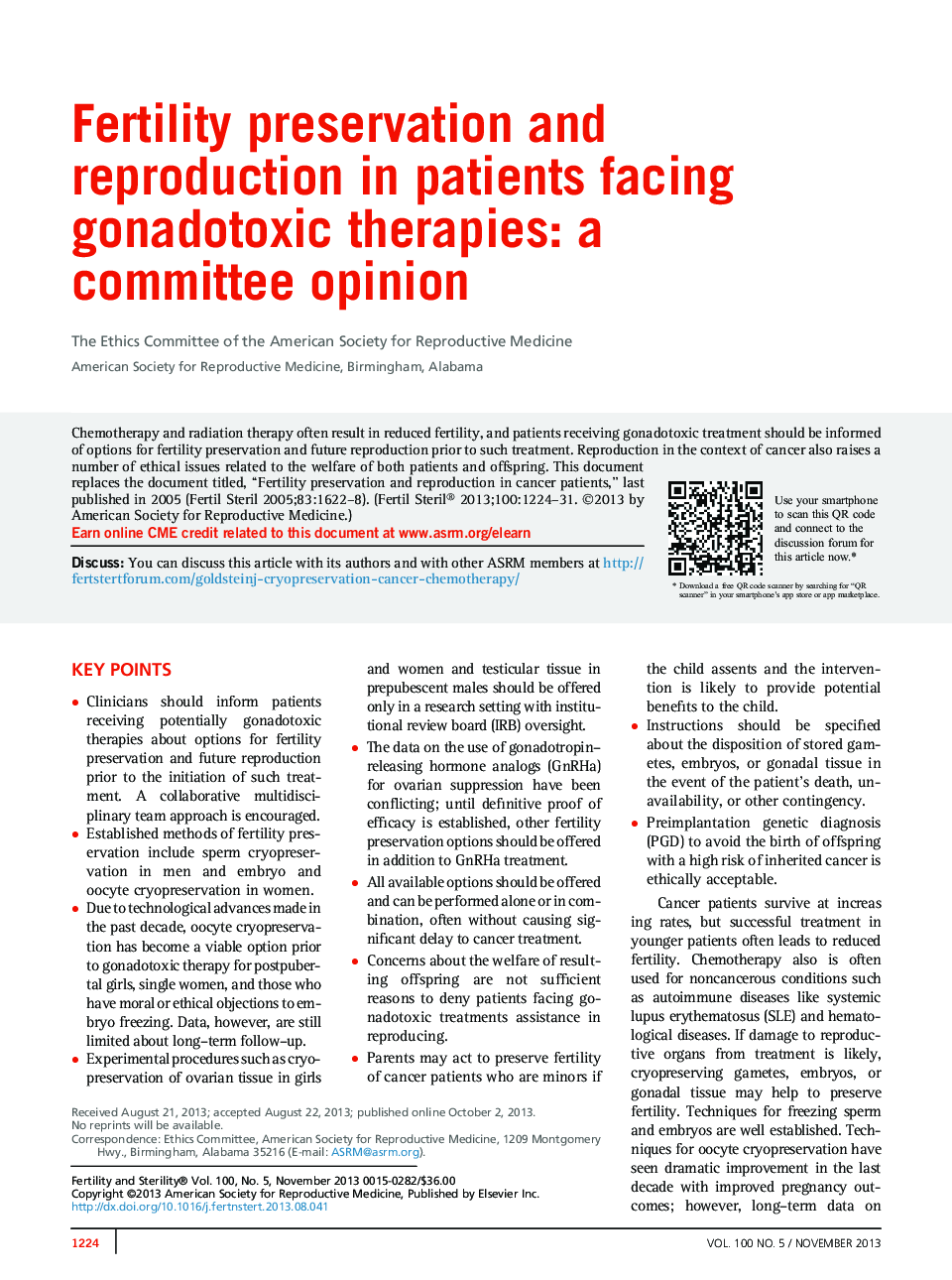 Fertility preservation and reproduction in patients facing gonadotoxic therapies: a committee opinion 