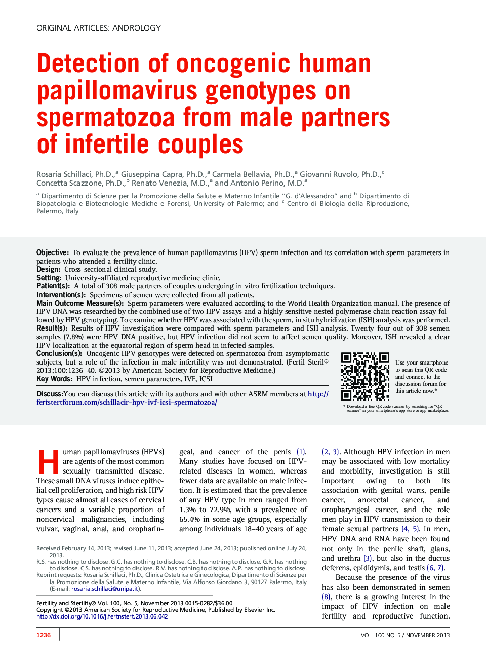 Detection of oncogenic human papillomavirus genotypes on spermatozoa from male partners of infertile couples 