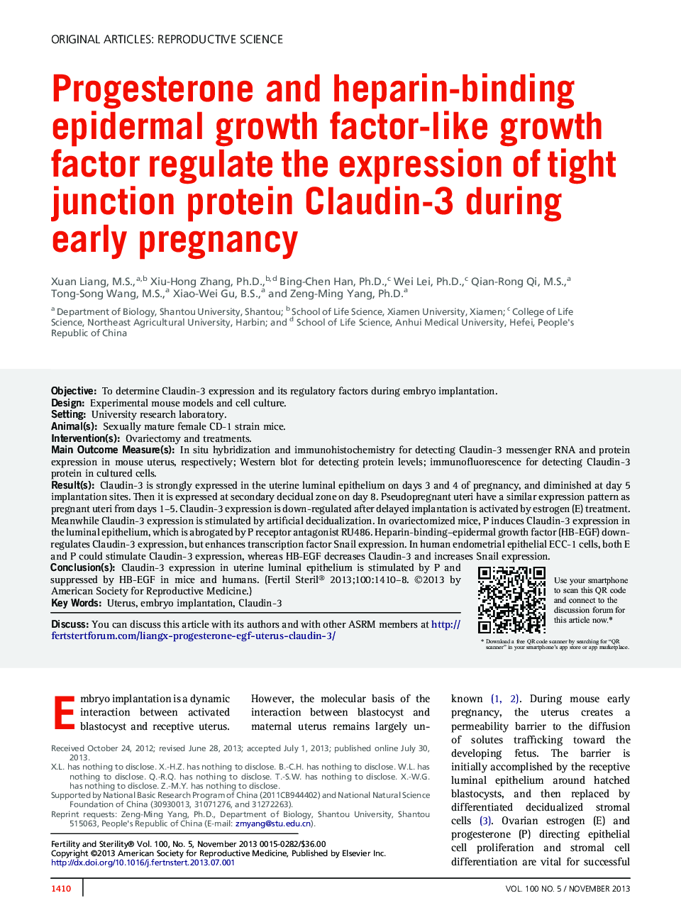 Progesterone and heparin-binding epidermal growth factor-like growth factor regulate the expression of tight junction protein Claudin-3 during early pregnancy 