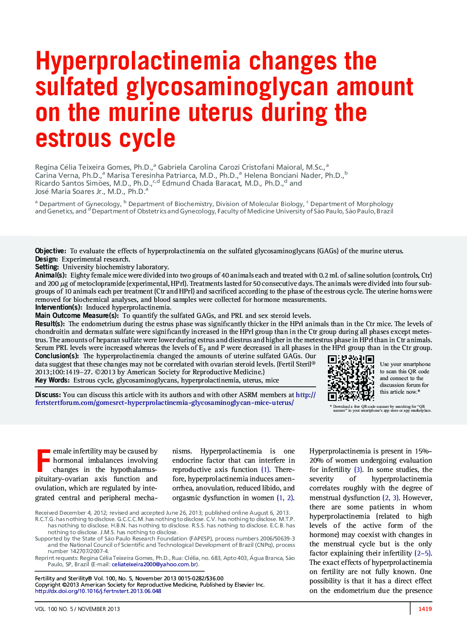 Hyperprolactinemia changes the sulfated glycosaminoglycan amount on the murine uterus during the estrous cycle