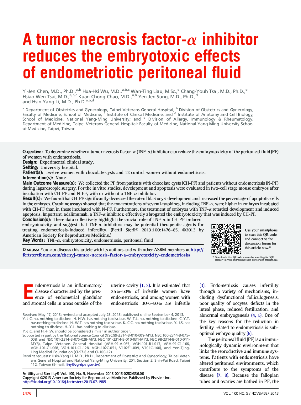 A tumor necrosis factor-Î± inhibitor reduces the embryotoxic effects of endometriotic peritoneal fluid