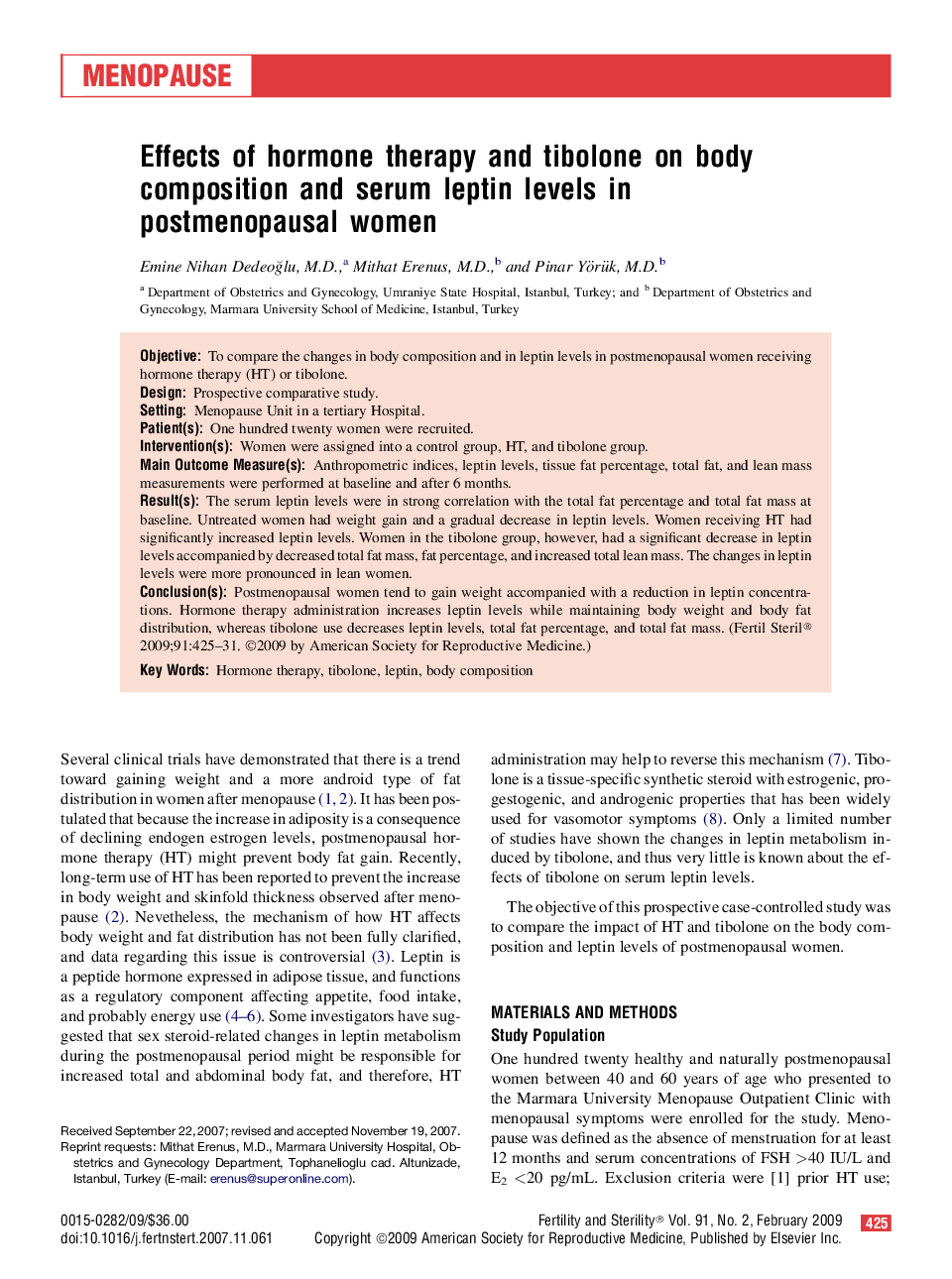 Effects of hormone therapy and tibolone on body composition and serum leptin levels in postmenopausal women