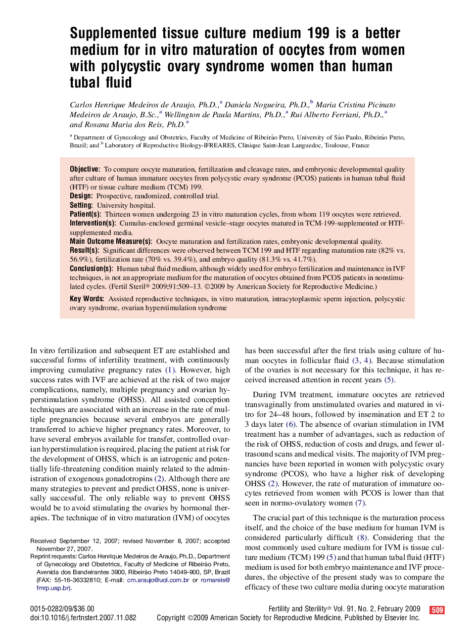 Supplemented tissue culture medium 199 is a better medium for in vitro maturation of oocytes from women with polycystic ovary syndrome women than human tubal fluid