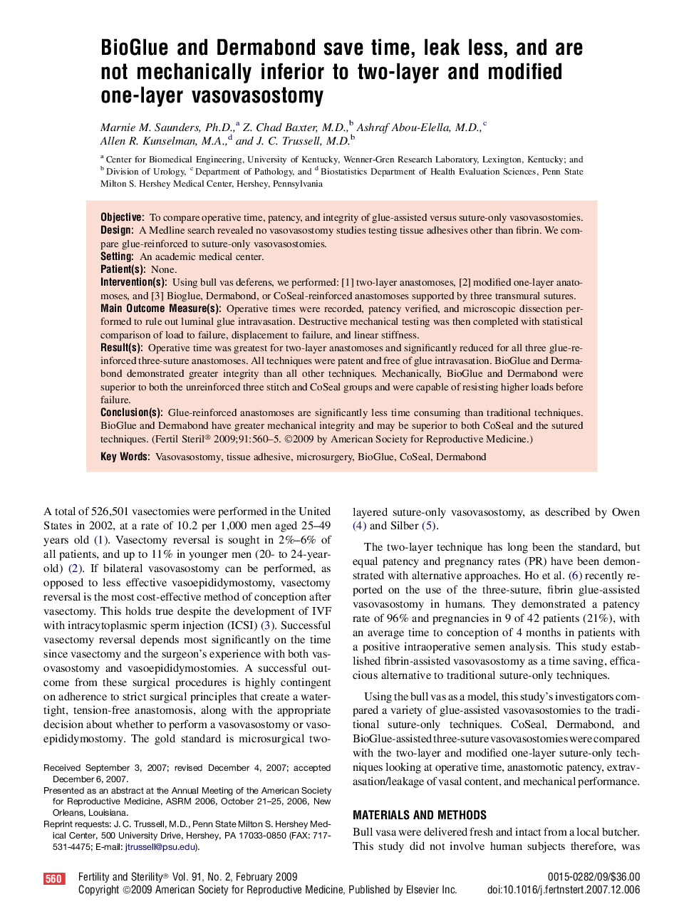 BioGlue and Dermabond save time, leak less, and are not mechanically inferior to two-layer and modified one-layer vasovasostomy 