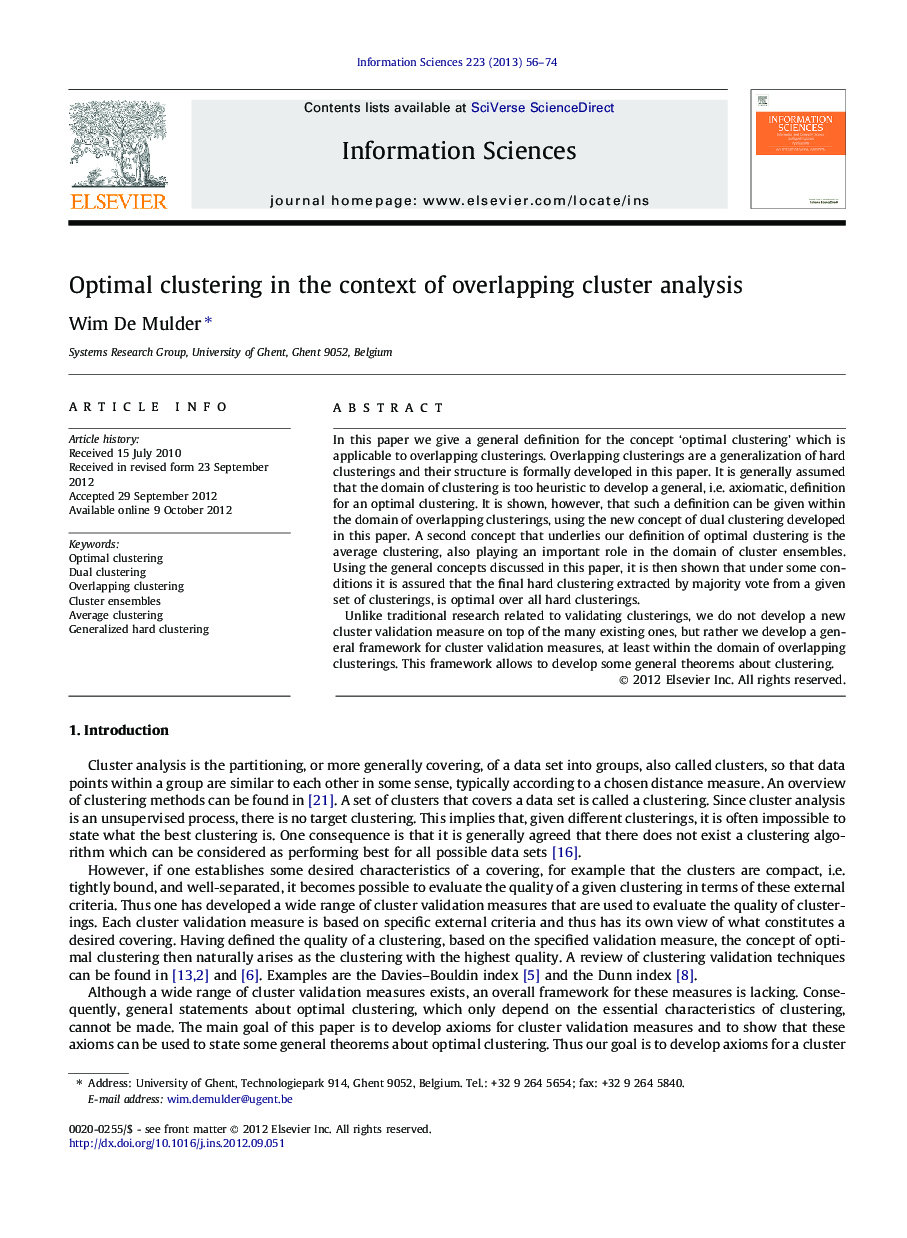 Optimal clustering in the context of overlapping cluster analysis