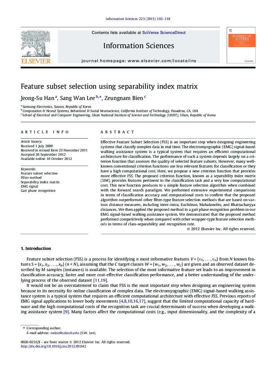 Feature subset selection using separability index matrix