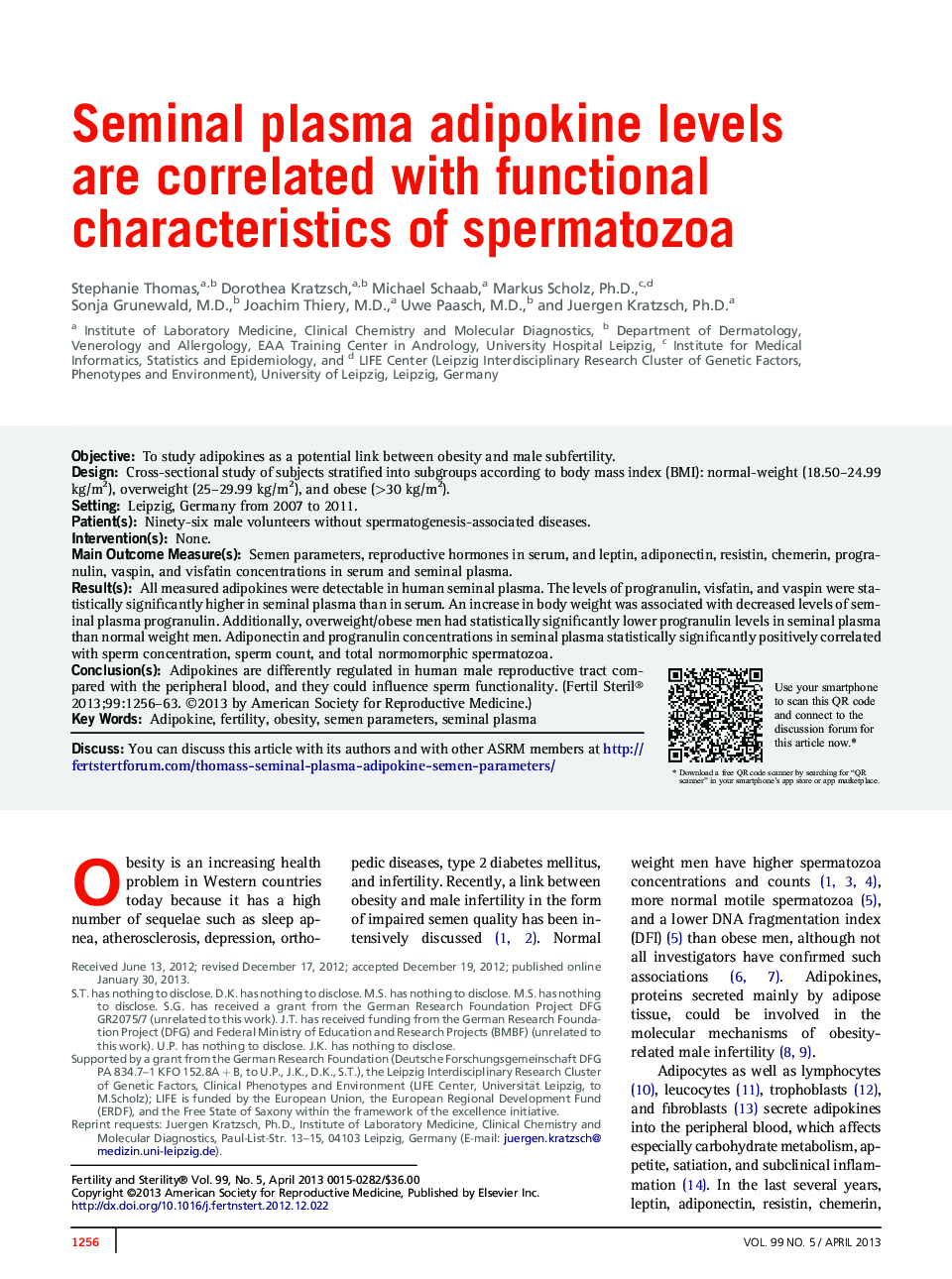 Seminal plasma adipokine levels areÂ correlated with functional characteristics of spermatozoa