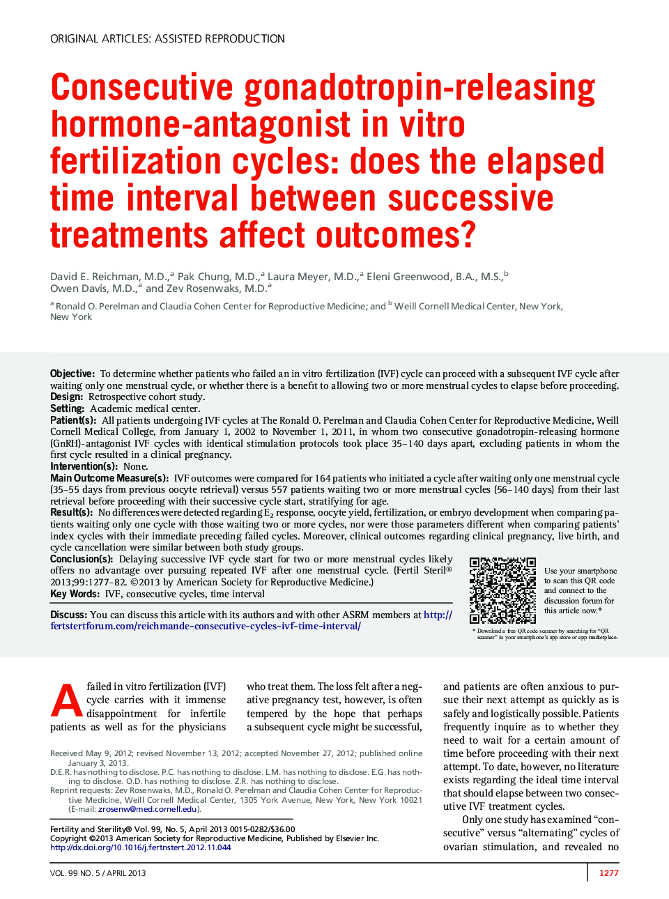 Consecutive gonadotropin-releasing hormone-antagonist in vitro fertilization cycles: does the elapsed time interval between successive treatments affect outcomes? 