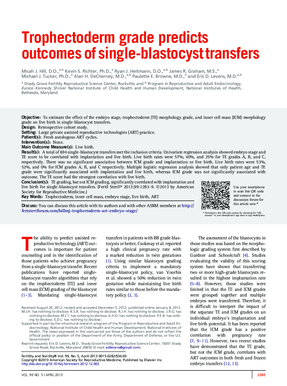 Trophectoderm grade predicts outcomes of single-blastocyst transfers