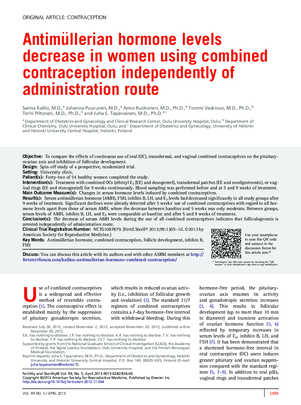 Antimüllerian hormone levels decrease in women using combined contraception independently of administration route 