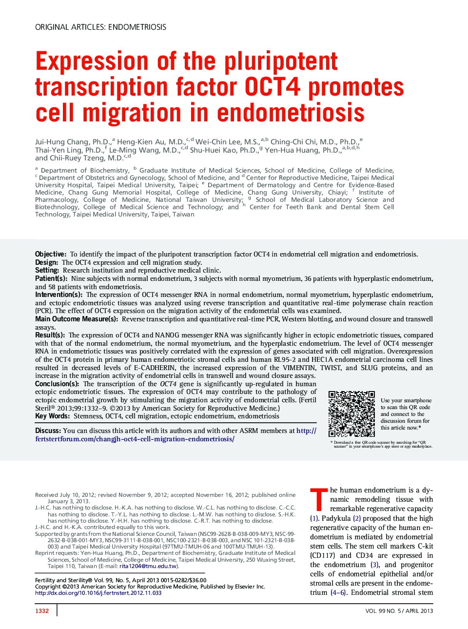 Expression of the pluripotent transcription factor OCT4 promotes cell migration in endometriosis
