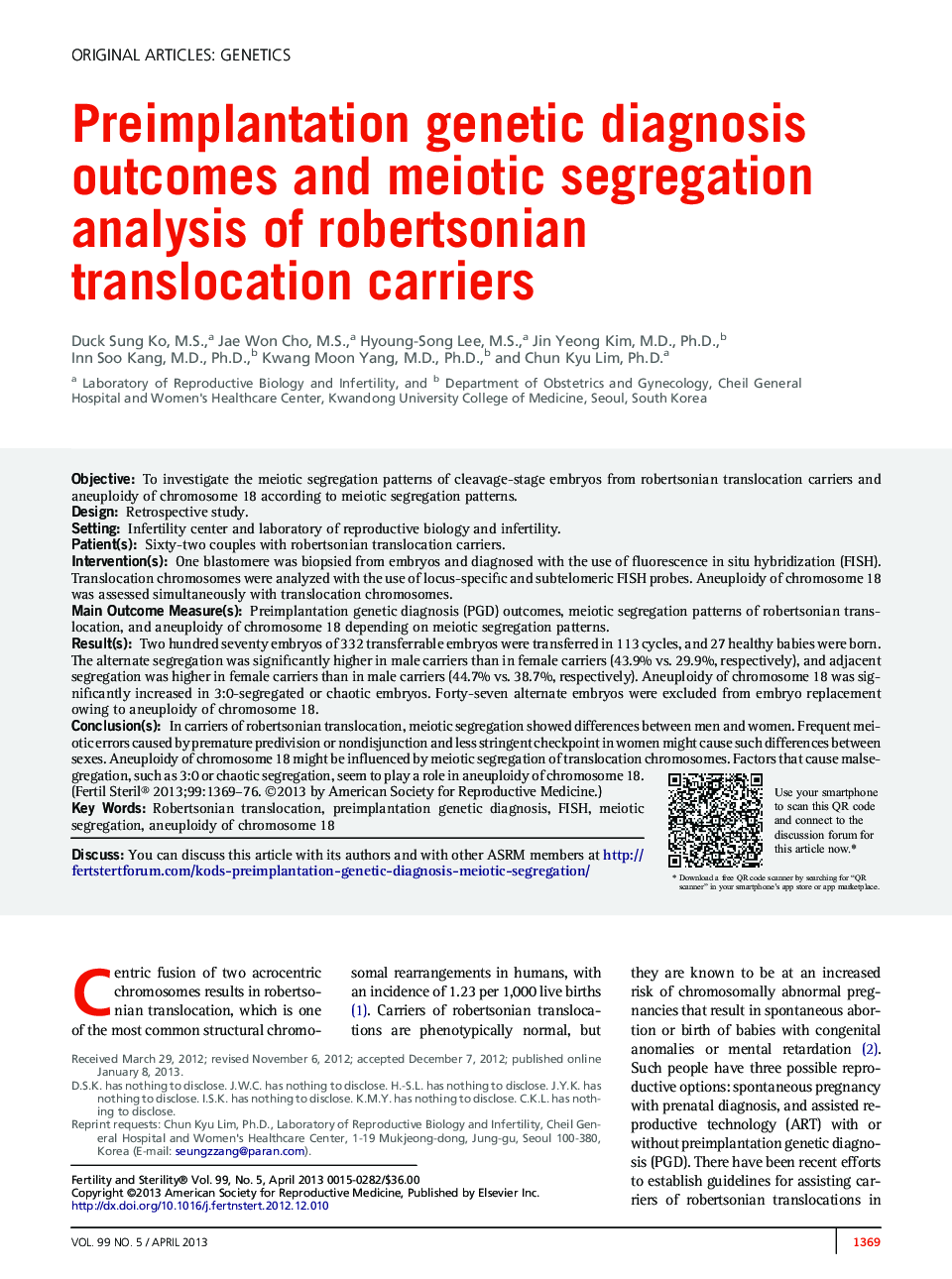 Preimplantation genetic diagnosis outcomes and meiotic segregation analysis of robertsonian translocation carriers 