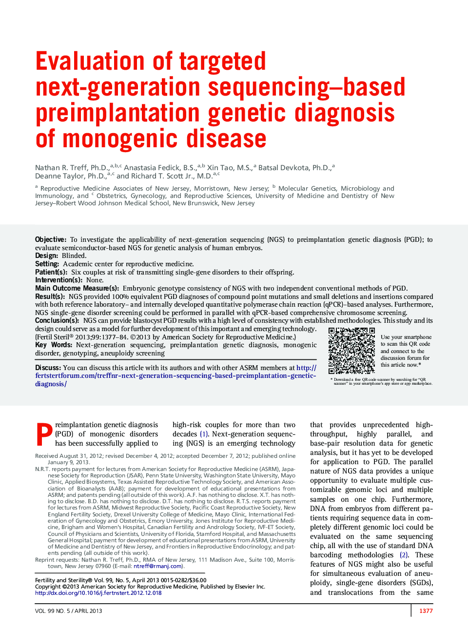 Evaluation of targeted next-generation sequencing-based preimplantation genetic diagnosis ofÂ monogenic disease