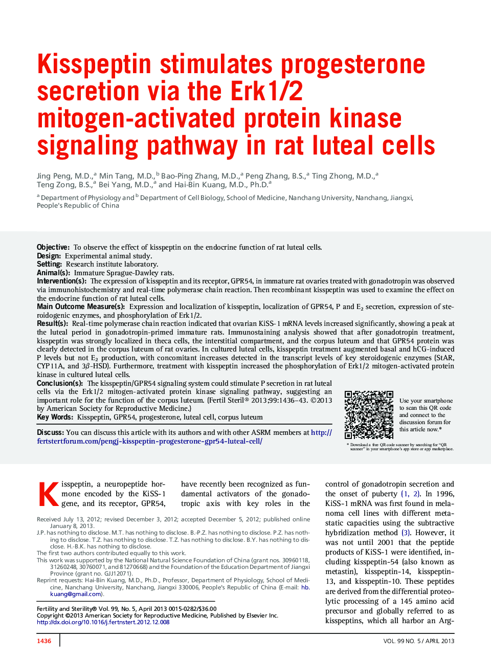 Kisspeptin stimulates progesterone secretion via the Erk1/2 mitogen-activated protein kinase signaling pathway in rat luteal cells