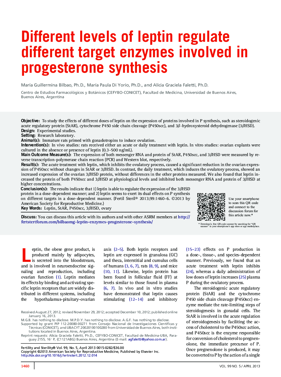 Different levels of leptin regulate different target enzymes involved in progesterone synthesis 