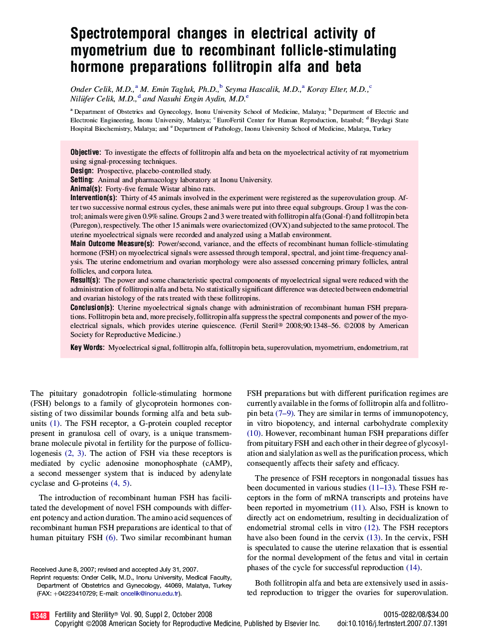 Spectrotemporal changes in electrical activity of myometrium due to recombinant follicle-stimulating hormone preparations follitropin alfa and beta