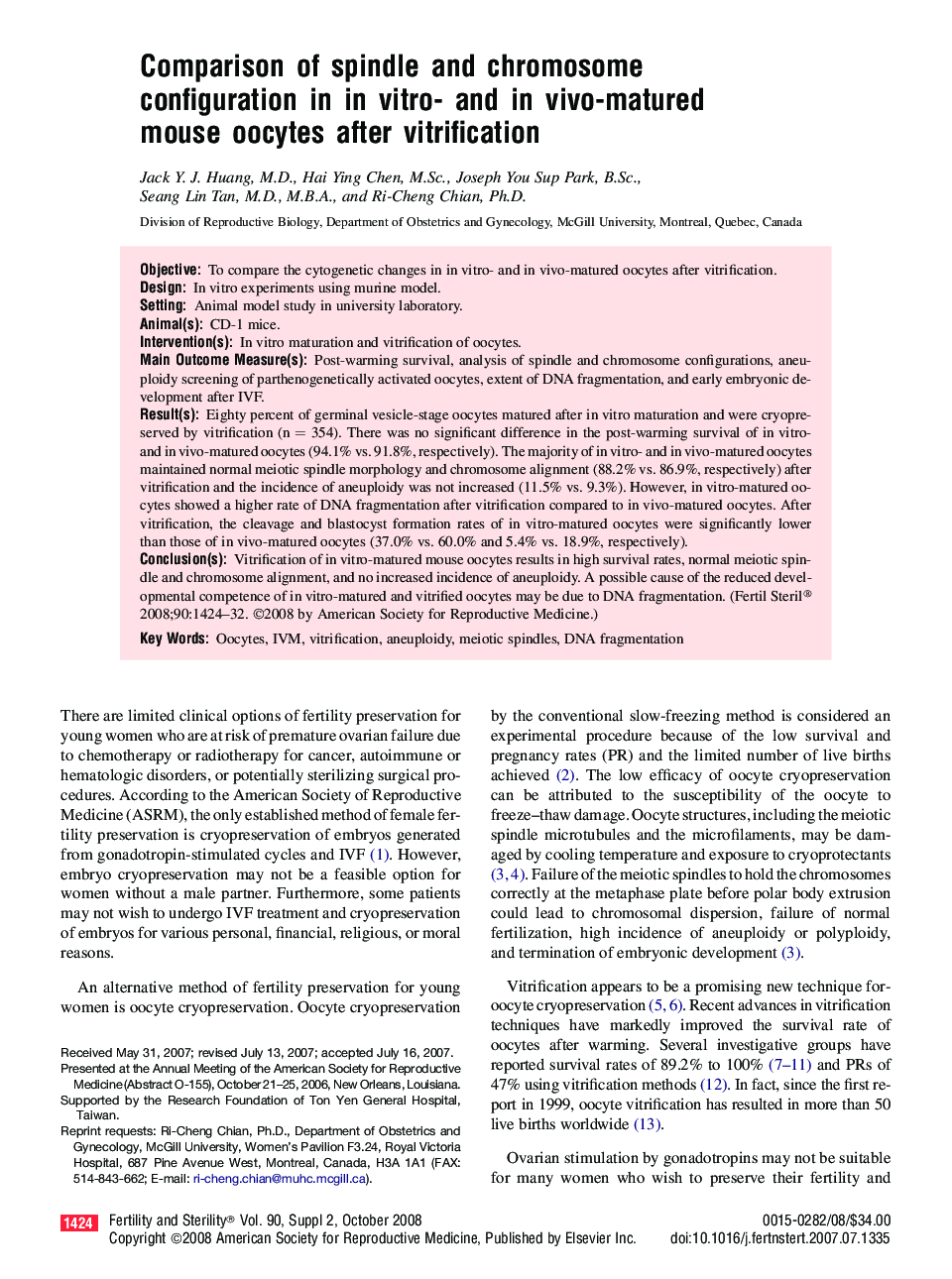 Comparison of spindle and chromosome configuration in in vitro- and in vivo-matured mouse oocytes after vitrification 