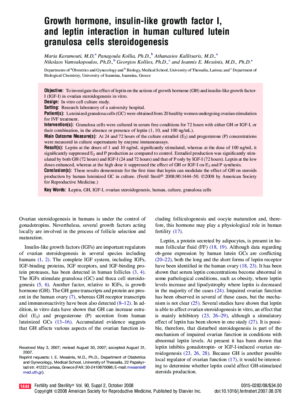 Growth hormone, insulin-like growth factor I, and leptin interaction in human cultured lutein granulosa cells steroidogenesis