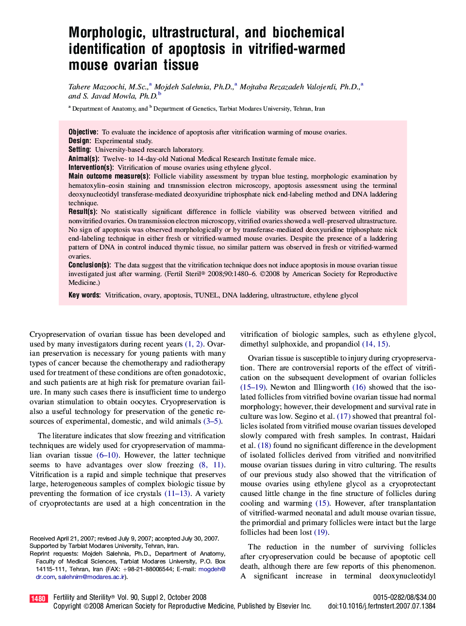 Morphologic, ultrastructural, and biochemical identification of apoptosis in vitrified-warmed mouse ovarian tissue 