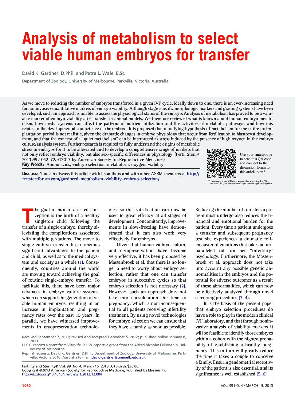 Analysis of metabolism to select viable human embryos for transfer 